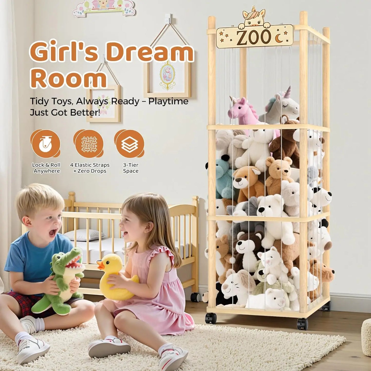 Durable Wooden Stuffed Animal Storage Tower With Wheels
