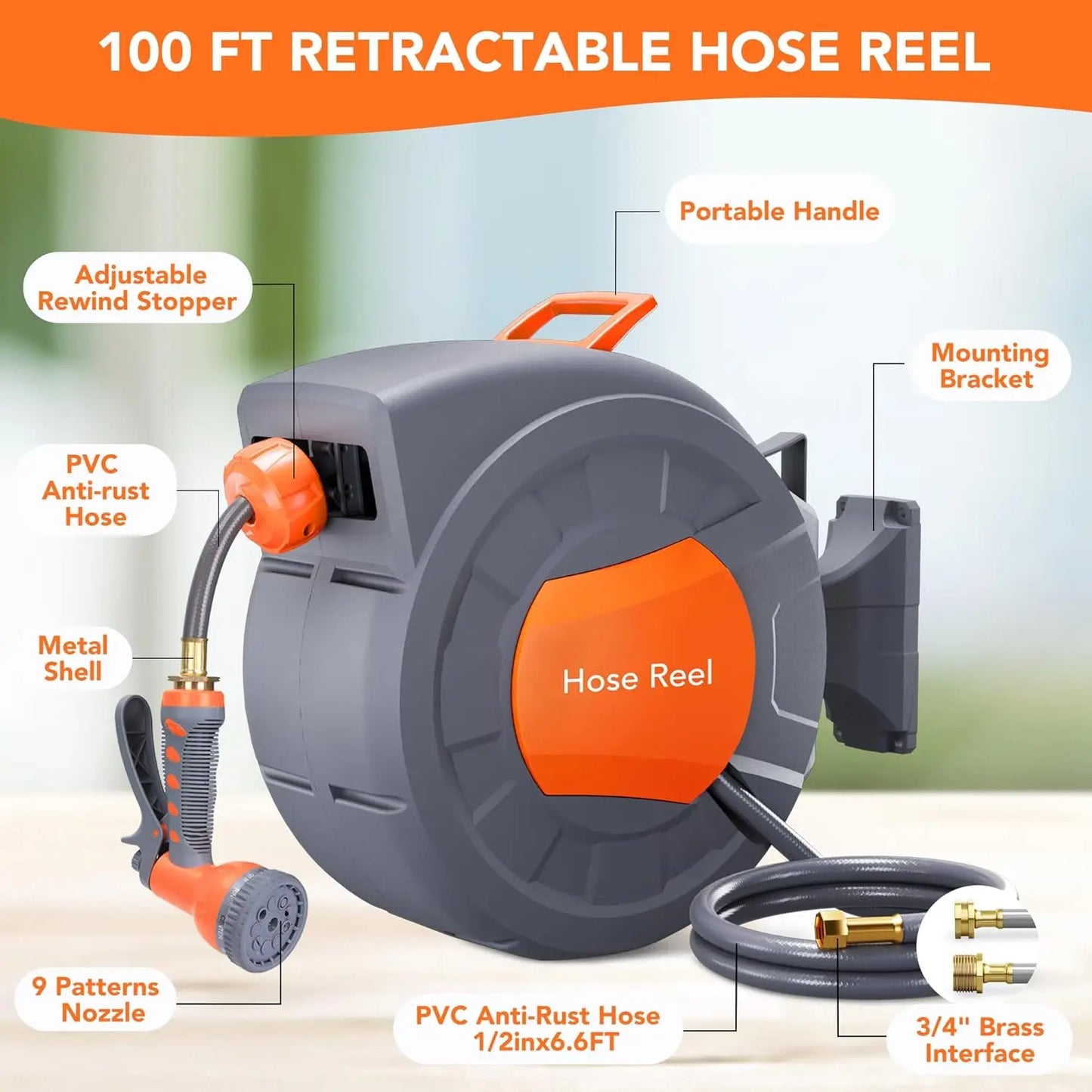 Twister.CK Retractable Garden Hose Reel With 9 Function Sprayer Nozzle
