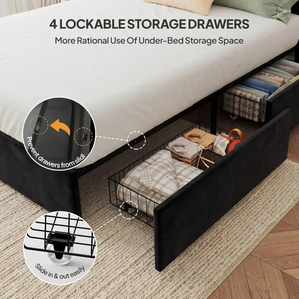 Velvet Bed Frame Queen Size 4 Drawers Storage, Upholstered Platform with Tufted Headboard, No Box Spring, Black