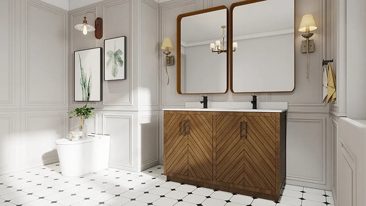 Modern Herringbone Patterned Wooden Bathroom Vanity Cabinet With Double Sink