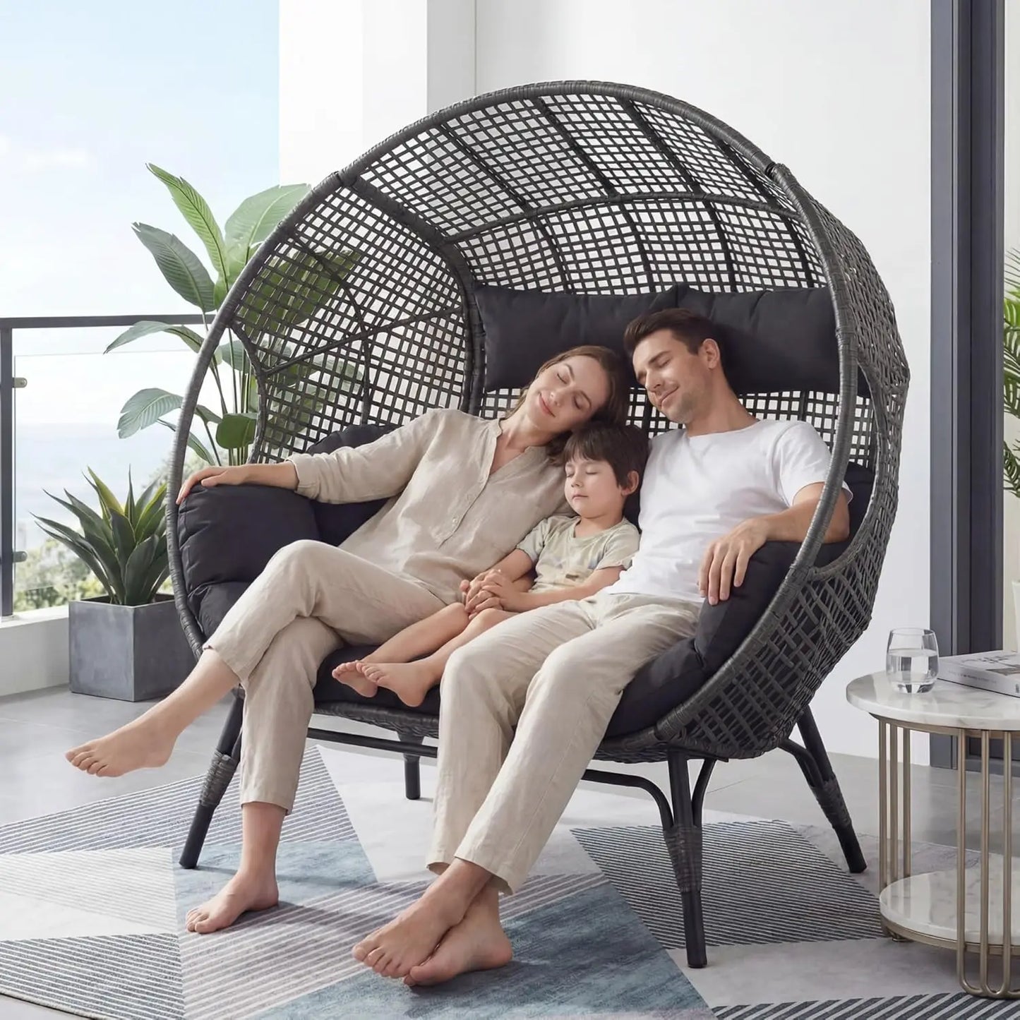 Oversized Double Egg Chair Wicker Rattan Lounge Loveseat with Legs for Patio Garden Backyard Living Room Beige, Customized