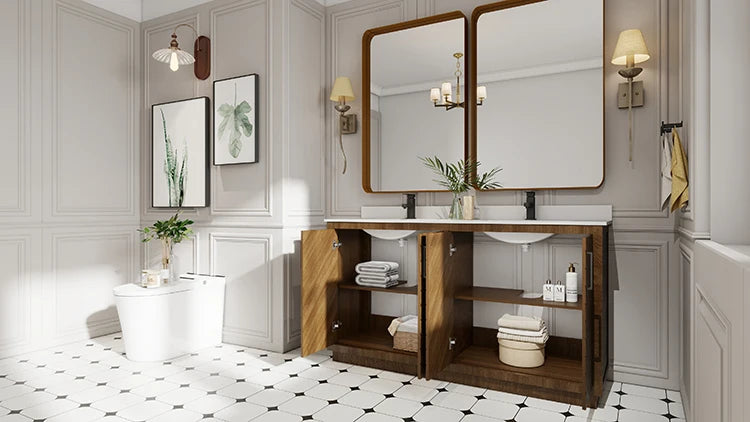 Modern Herringbone Patterned Wooden Bathroom Vanity Cabinet With Double Sink
