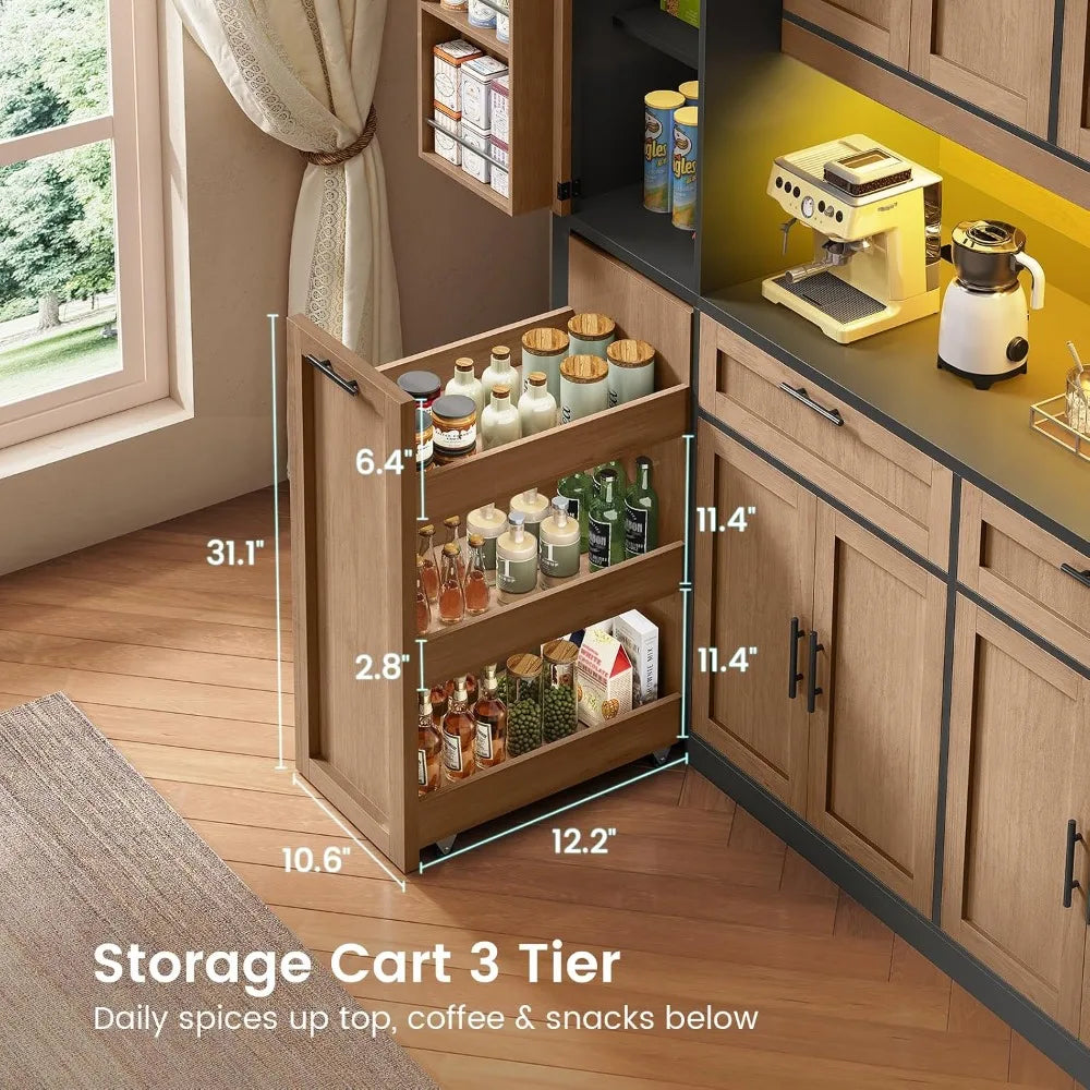 71" Kitchen Pantry Cabinet with Charging Station & LED Light, Storage Cabinet with Microwave Stand, 3-Tier Cart, Brown
