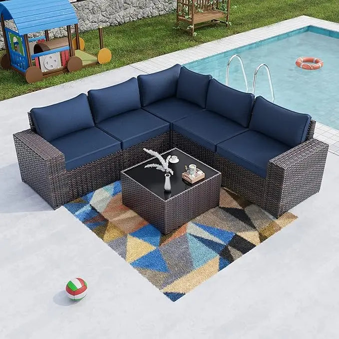 7 Pieces Outdoor Patio Furniture Set,Sectional Rattan Sofa Set Brown PE Rattan Wicker Patio Conversation Set with Tempered Glass The Pet & Home Store