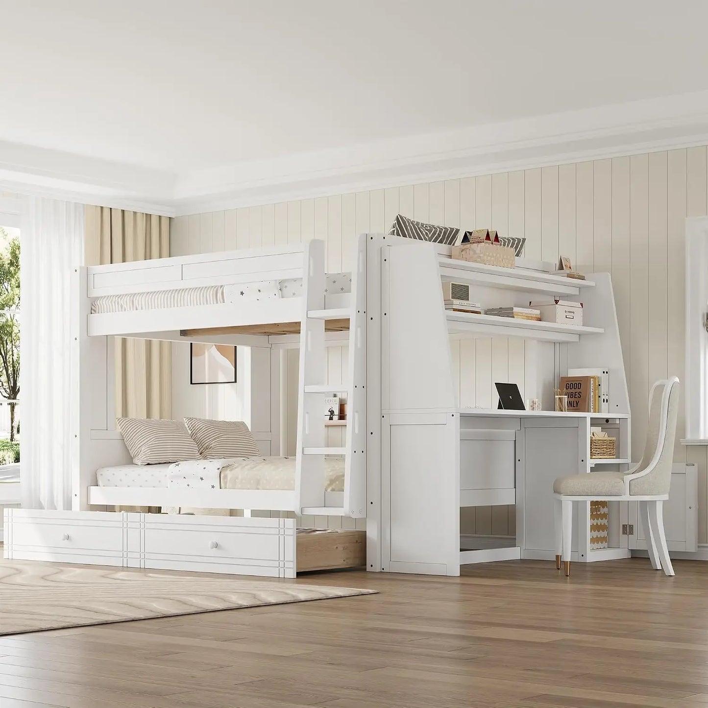 Full Over Full Multifunctional Bunk Bed with Desk and Bookshelves, Drawers, Space-Saving Wooden Bunk Bed for Kids &, Customized