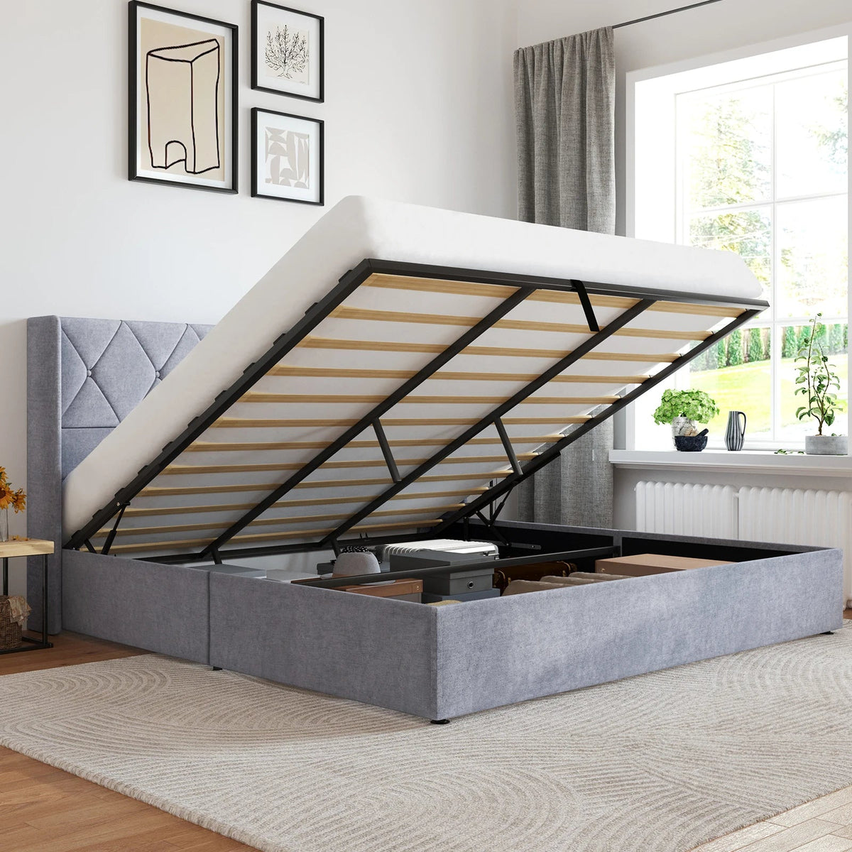 JHK Modern Upholstered Hydraulic Lift Storage Bed Wingback Headboard The Pet & Home Store
