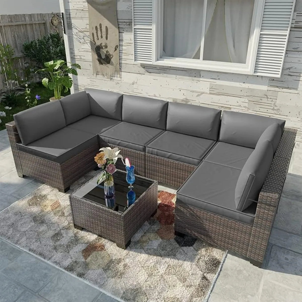 7 Pieces Outdoor Patio Furniture Set,Sectional Rattan Sofa Set Brown PE Rattan Wicker Patio Conversation Set with Tempered Glass The Pet & Home Store