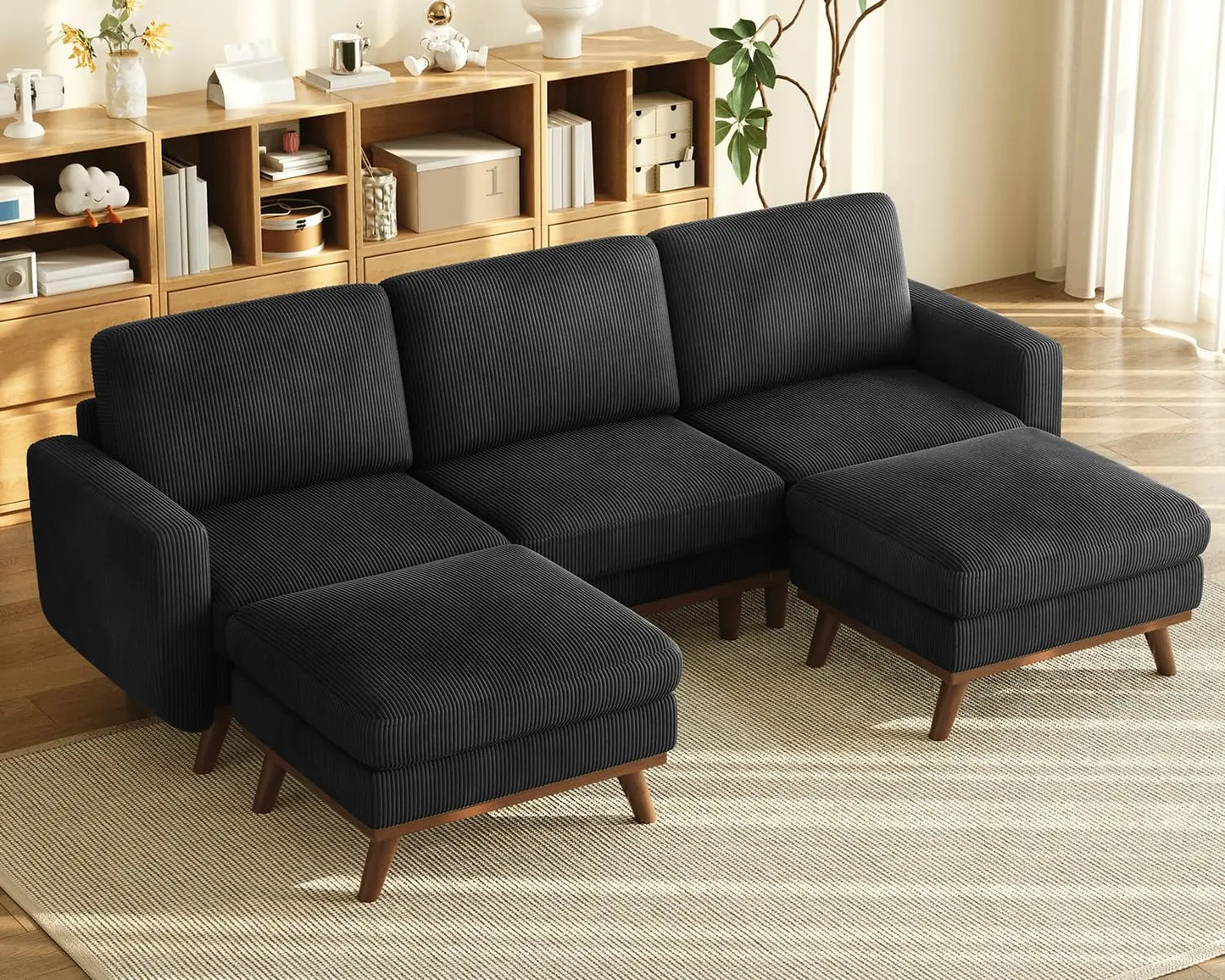 Corduroy L-Shape Modular Sofa With Movable Ottoman Sectional