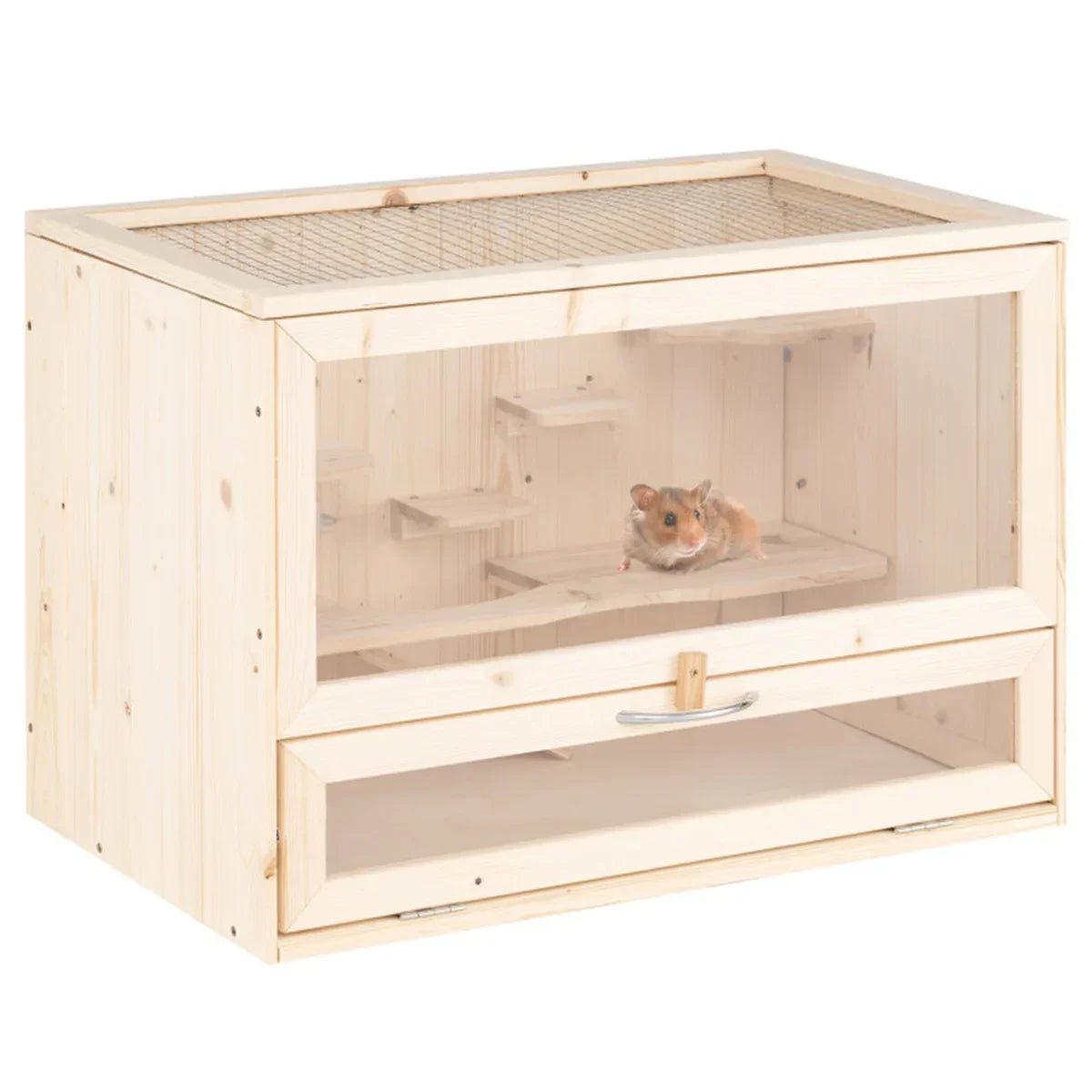 Fir Wood Hamster Cage with Flip Roof, Multi-Ladder Activity Areas for Guinea Pigs Hedgehogs