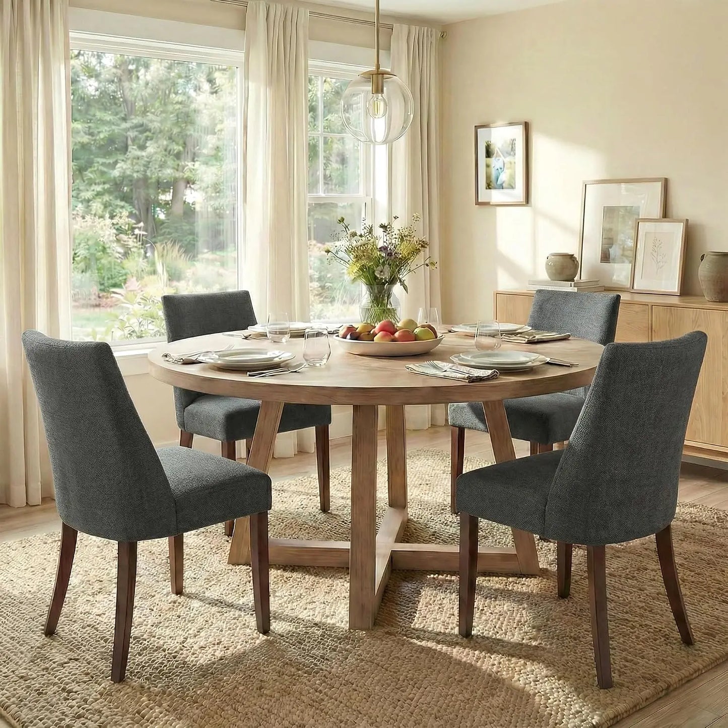 Wooden Upholstered Dining Chairs Set of 4, Farmhouse Fabric Kitchen Chair, Mid Century for Restaurant, Custom