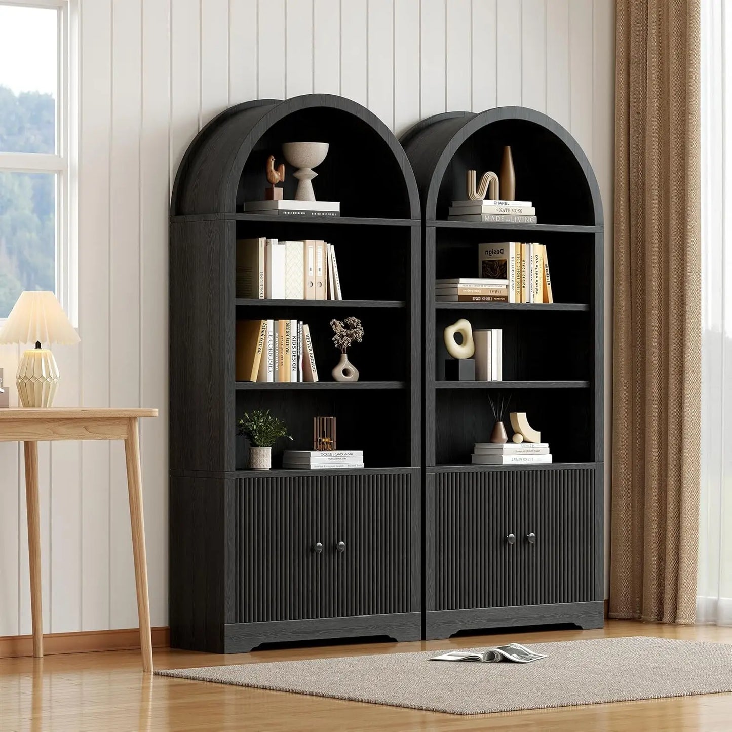Arched Bookcase With Storage Door 6 Tier Freestanding Cabinet Farmhouse