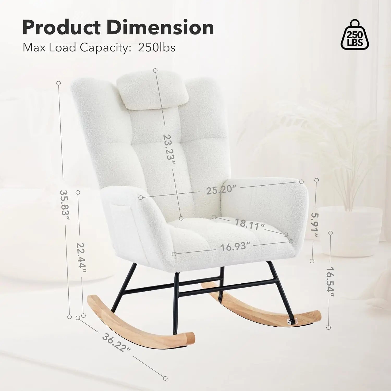 Modern Upholstered Nursery Rocking Chairs, with Side Pocket High Back Teddy Boucle Rocker Chair, Rocking Chair Backrest for Livi The Pet & Home Store