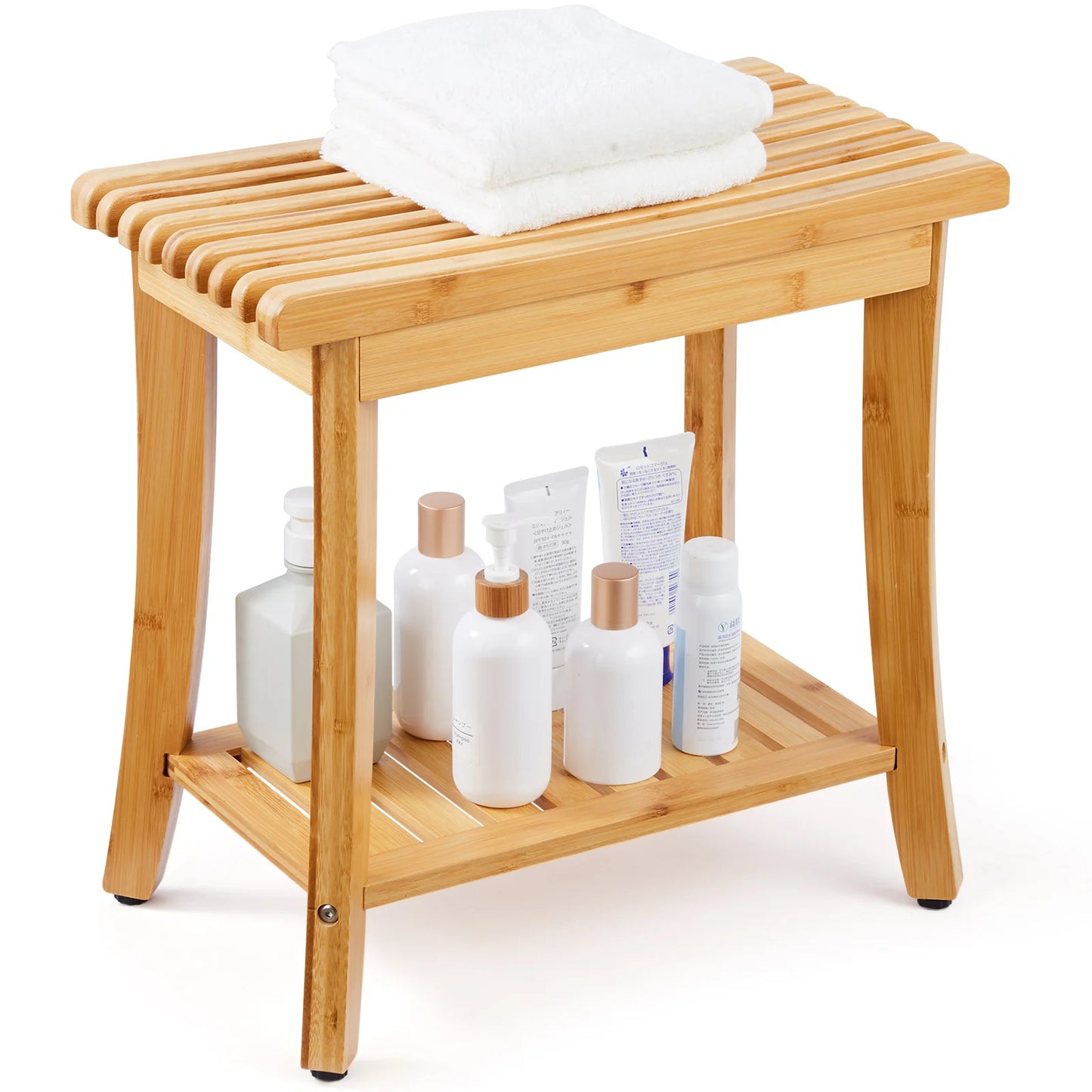 SucceBuy Bamboo Shower Bench With Storage Shelf 330lbs