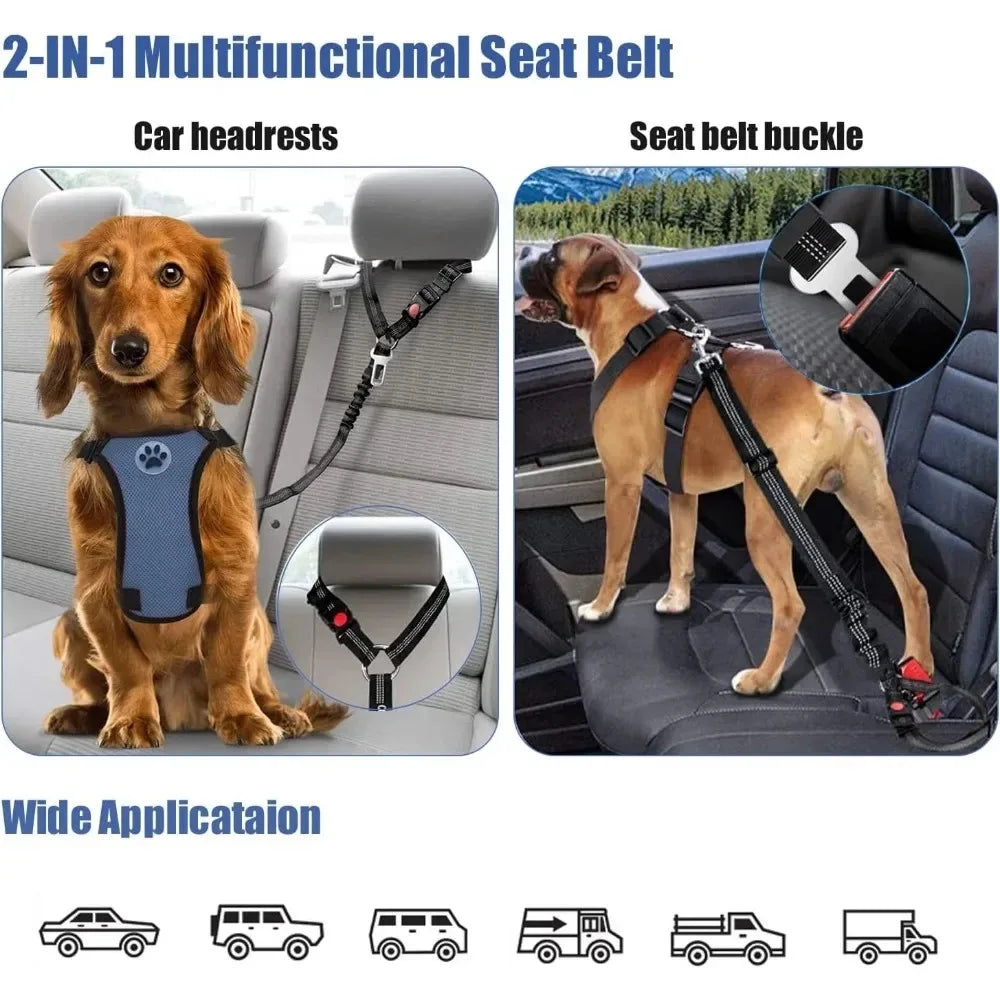 2-In-1 Dog Car Seatbelt Headrest Restraint Adjustable Reflective