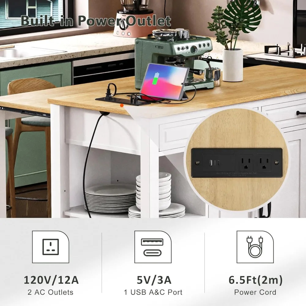 DAFIFY Kitchen Island On Wheels With Power Outlet Extendable Table
