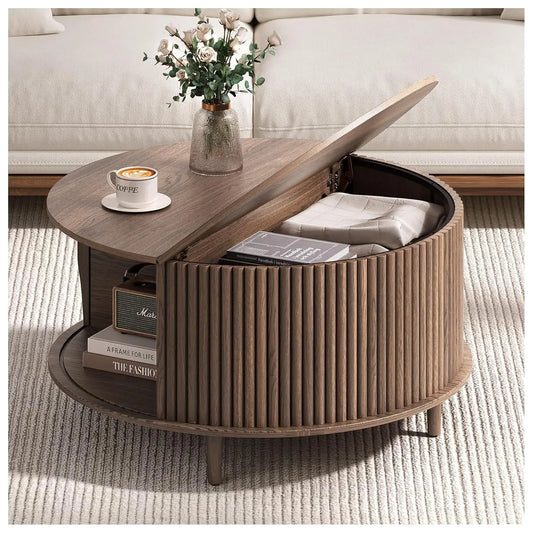 Round Coffee Table With Hidden Storage Walnut Wood Drum Table