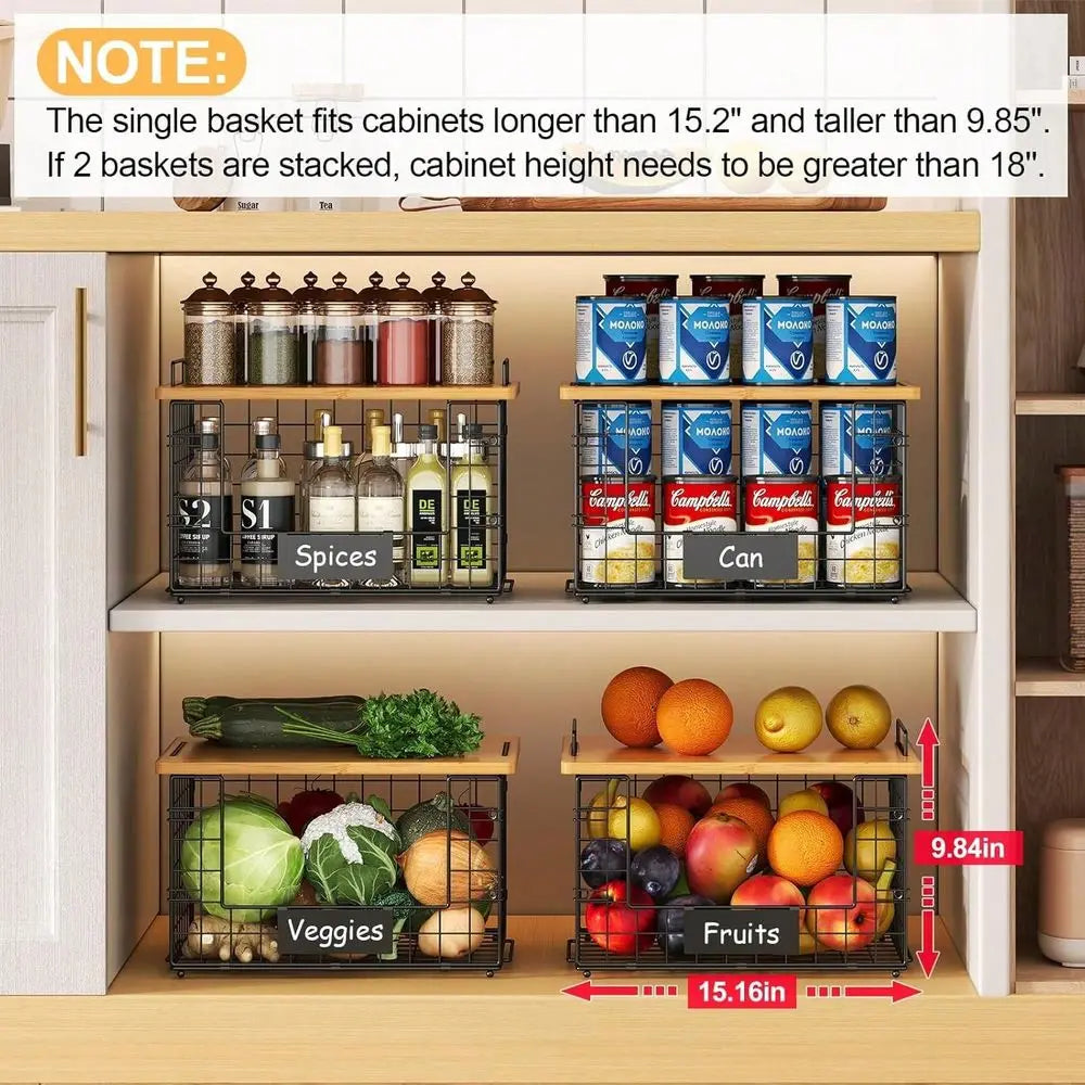 Stackable Wire Baskets With Bamboo Top For Pantry Storage