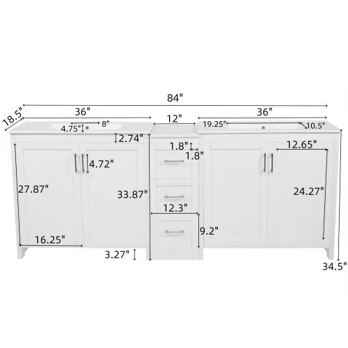 84"Double-Sink Bathroom Vanity,2 Ceramic Sinks and a Quartz Countertop,with Adjustable Shelves and 3 Drawers,Large storage space