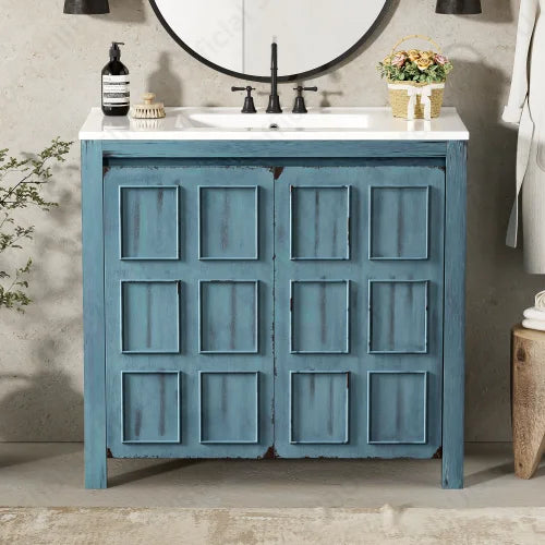 Bathroom Vanity Cabinet 36 Inch Solid Wood Organizer with Ceramic Sink Basin Storage Cabinet Bathroom Vanity Durable Soft-Close