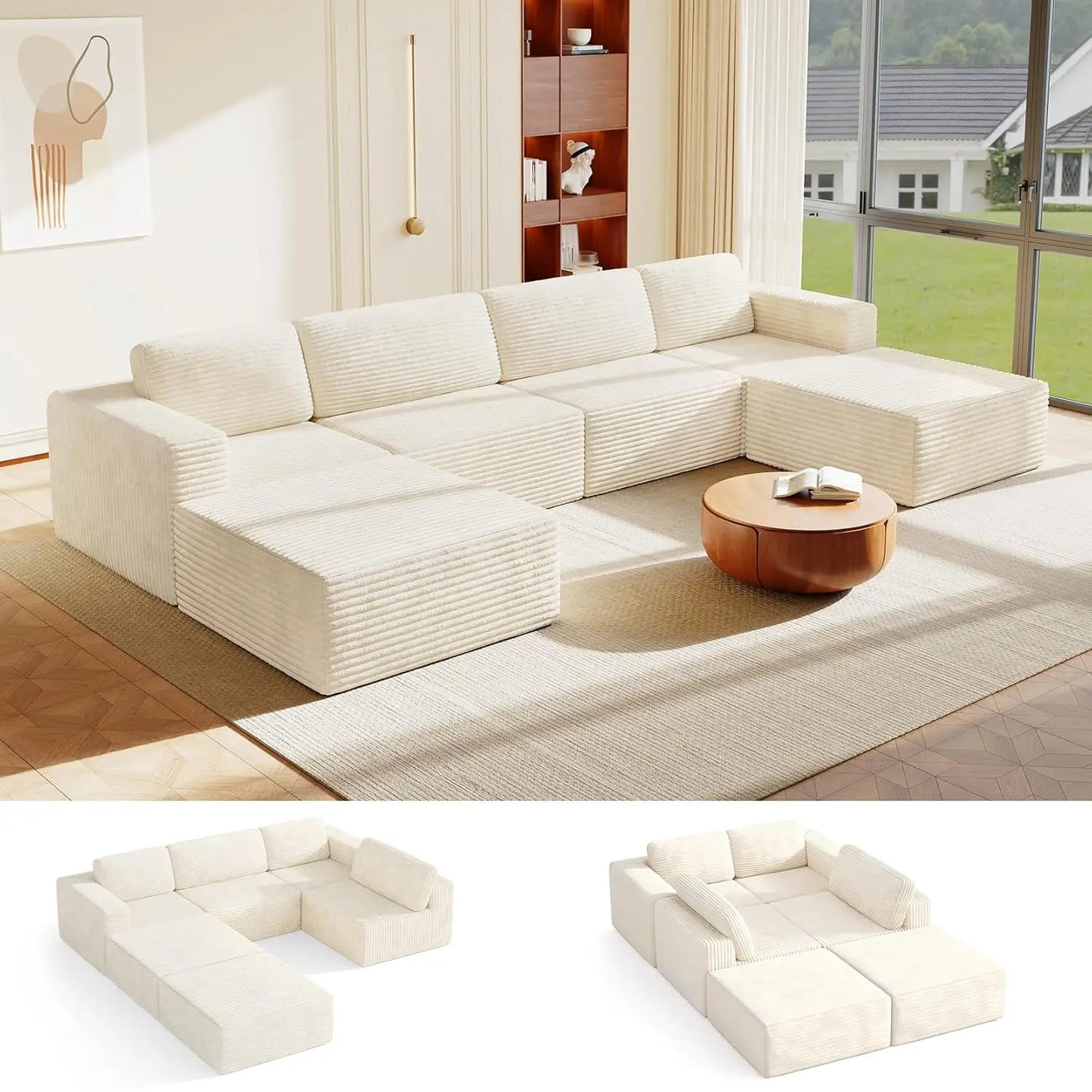 Corduroy L-Shape Modular Sofa With Movable Ottoman Sectional