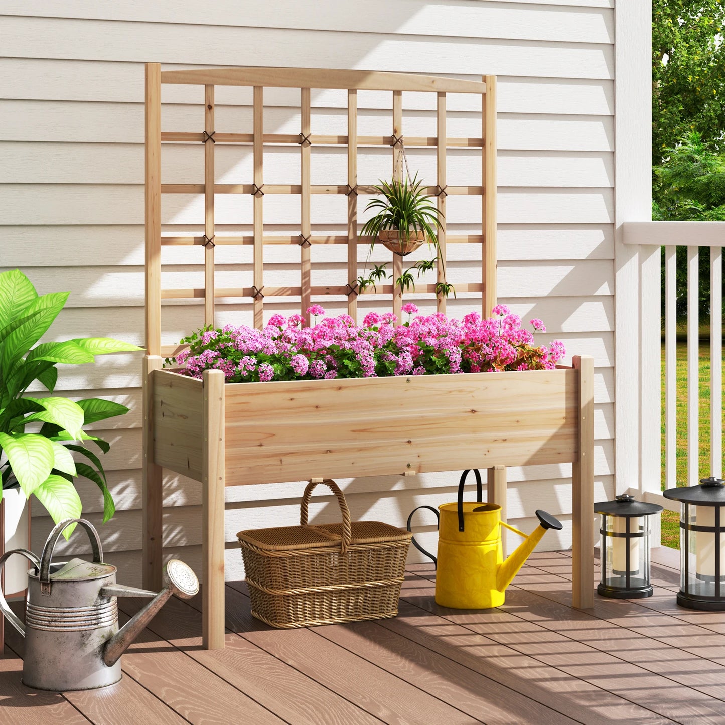 LIFEZEAL Raised Garden Bed With Lattice Trellis And Drainage Holes