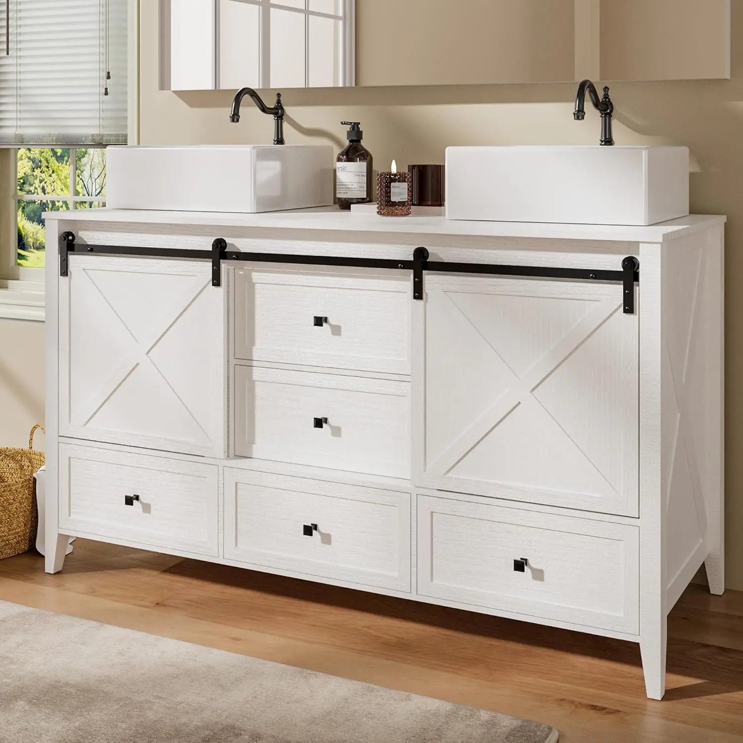 Bathroom Vanity with Sink, 60 Inch Bathroom Vanity Double Sink Ceramic, Freestanding Cabinet, Grey Wood Grain