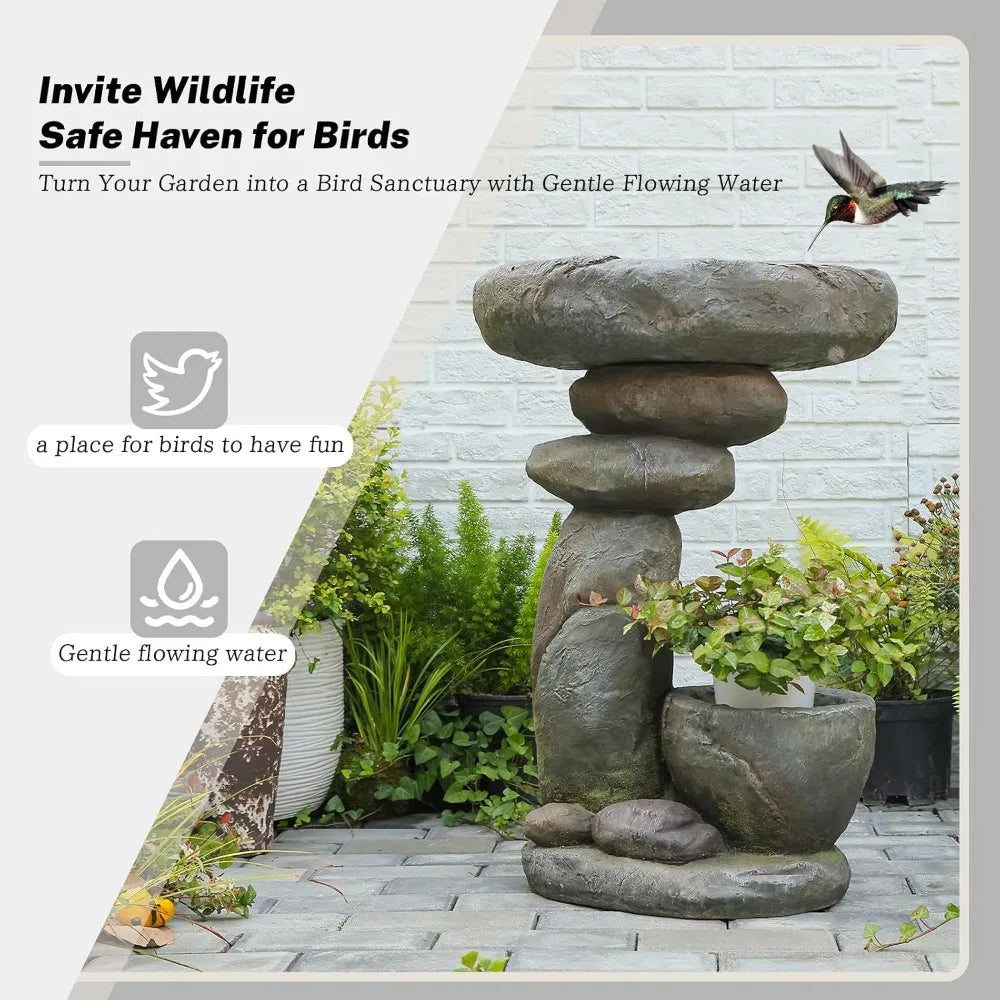 Solar Bird Bath Fountain With LED Waterfall And Planter Feature