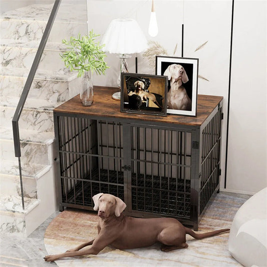 Large Wooden Dog Crate Indoor Furniture Style Elevated Pet Dog Cage Kennel End Table Lattice Playpen with 3 Doors Removable Tray The Pet & Home Store