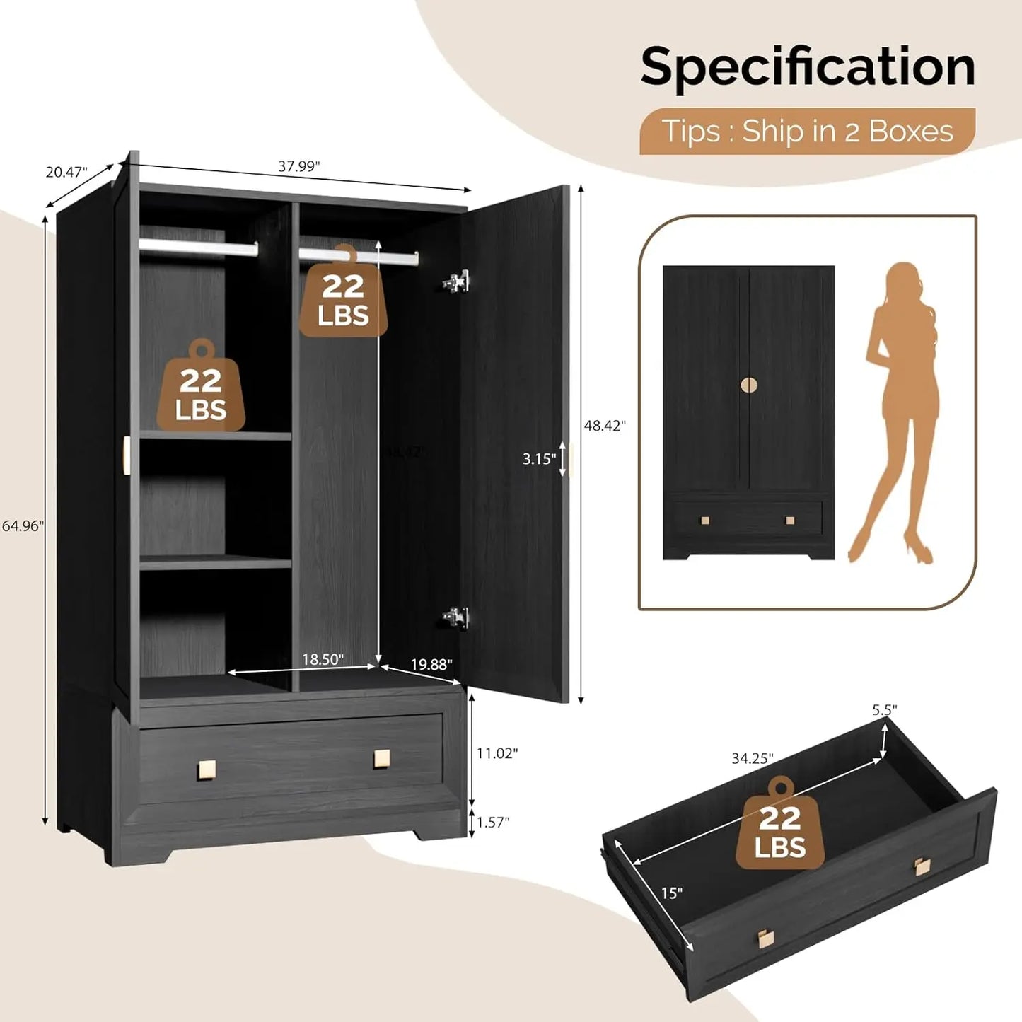 Wood Armoire Wardrobe Cabinet With Drawers And Hanging Rod