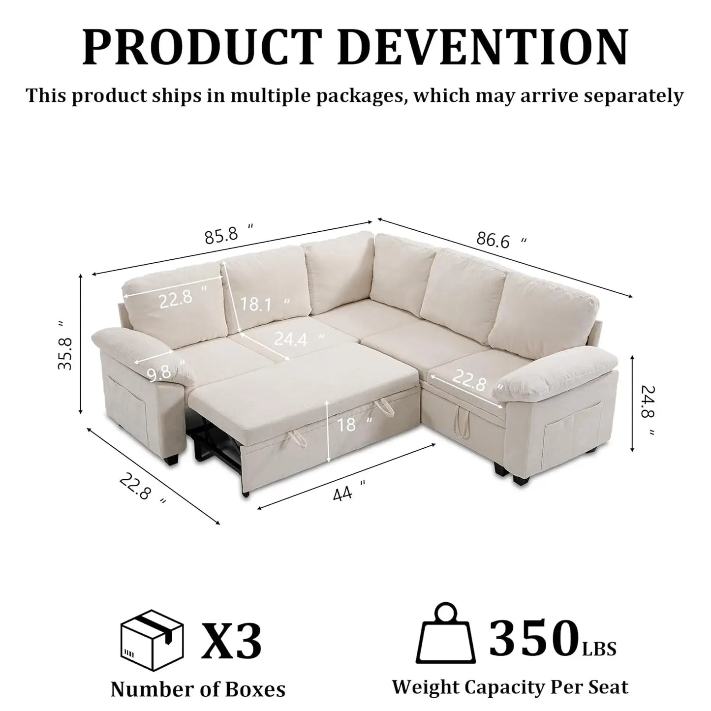 86 Inch Sectional Sleeper L Shaped Sofa with Pull Out Bed, Modular Sectional Sofa with Storage, Modern Chenille 5, Customized