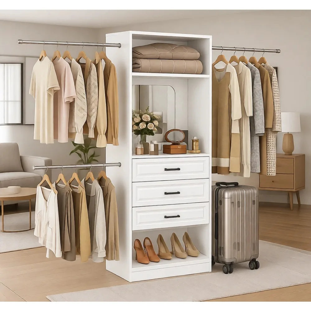 48"-96" Adjustable Closet Organizer System with Mirror, Drawers, Hanging Rod, and Tower for Heavy-Duty Clothing Storage, White