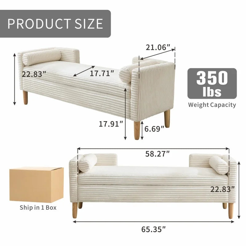 # Bed Storage Bench Upholstered Long Corduroy Window Bench Seat With Arms & Pillows For Bedroom