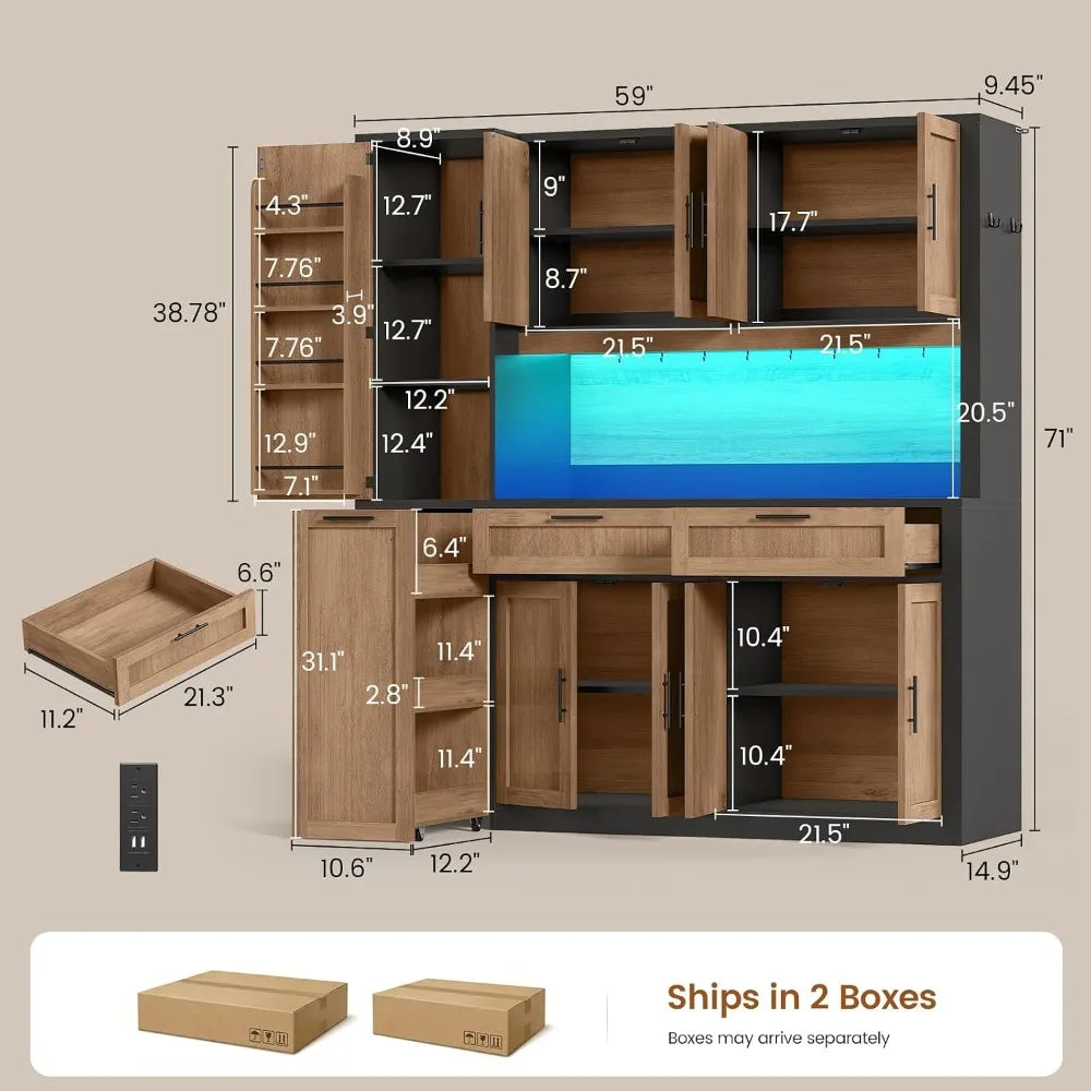 71" Kitchen Pantry Cabinet with Charging Station & LED Light, Storage Cabinet with Microwave Stand, 3-Tier Cart, Brown