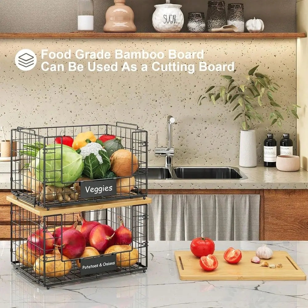 Stackable Wire Baskets With Bamboo Top For Pantry Storage