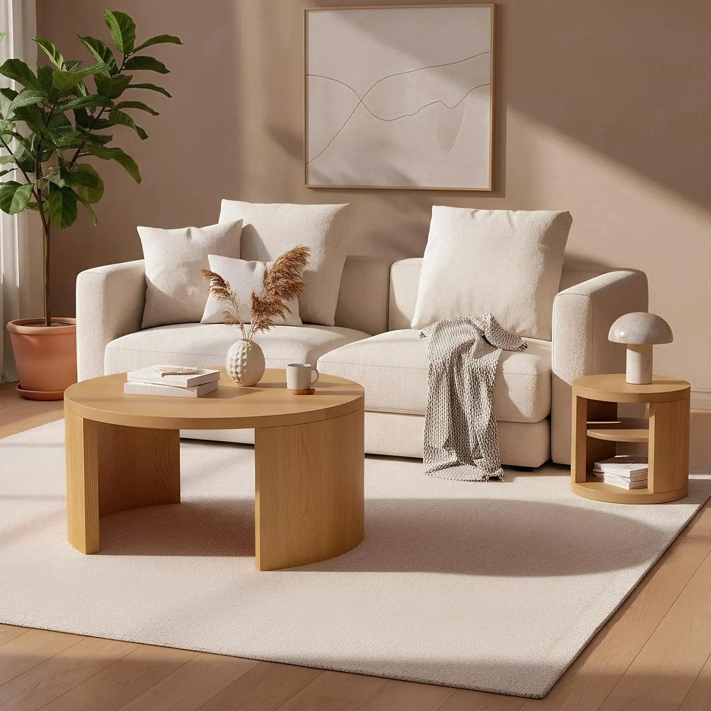 Round Nesting Coffee Tables Set of 2 With Storage Wood