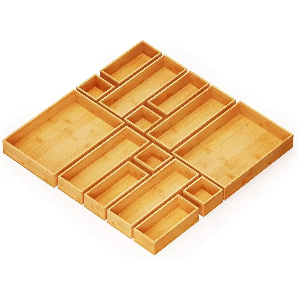 14-Piece Bamboo Drawer Organizer Storage Boxes Set, Multi-Use Divider Bins for Kitchen, Bathroom, Office Desk, Makeup Organizati