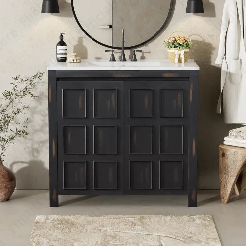 Bathroom Vanity Cabinet 36 Inch Solid Wood Organizer with Ceramic Sink Basin Storage Cabinet Bathroom Vanity Durable Soft-Close