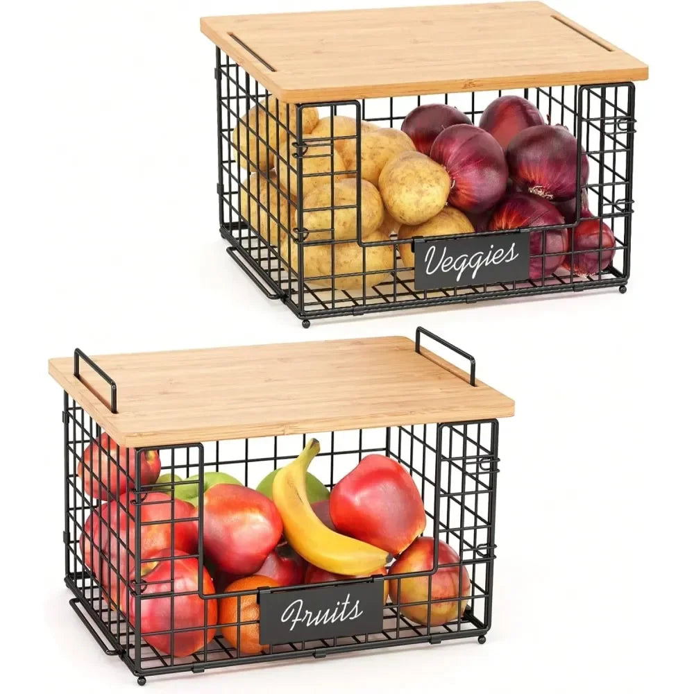 Stackable Wire Baskets With Bamboo Top For Pantry Storage