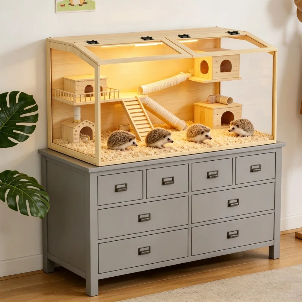Wooden Hamster Cage With Tempered Glass And Open Roof LED