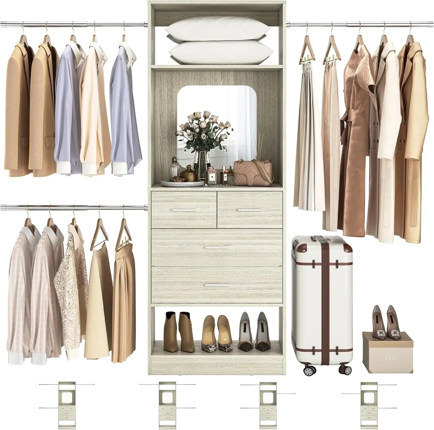 96 Inch Wide Closet Organizer System 8FT Walk-In Starter Kit with 25 Inch Tower And 3 Extendable Hanging for Home Customized