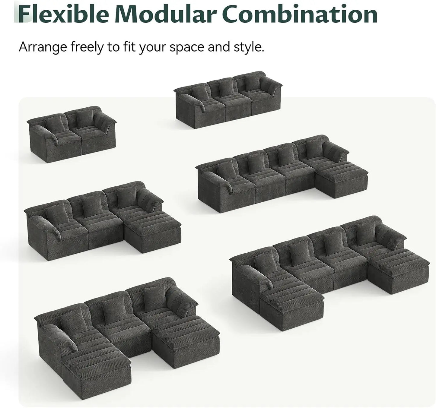 142" Modular Cloud Sectional Couch with Ottoman Modern Upholstered Compressed Sofa Deep Seat, Comfy U-Shape Corduroy Couches