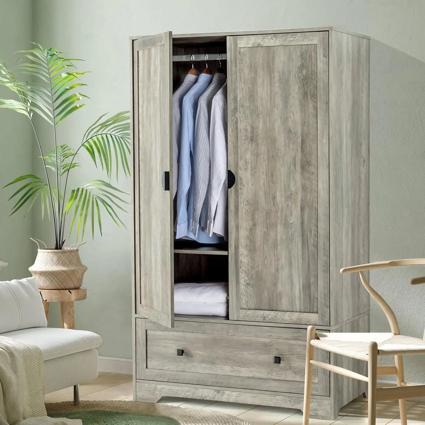 Wood Armoire Wardrobe Cabinet With Drawers And Hanging Rod