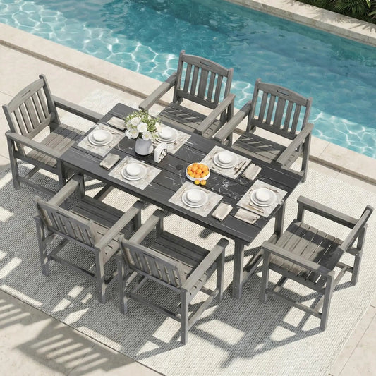 7pc HIPS Outdoor Dining Set 66.9in Table Umbrella Hole 440lb 6 Wide Chairs Galvanized Steel Navy Blue Customized The Pet & Home Store