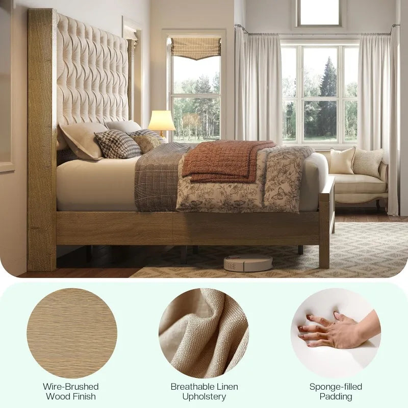 Solid Wood Bed Frame With Wingback Headboard For Modern Homes