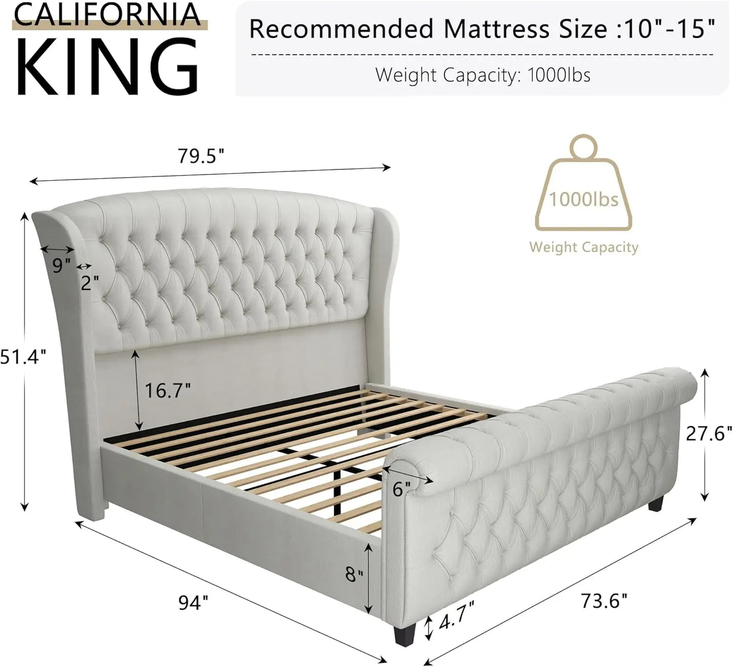 California King Size Platform Bed Frame, Velvet Upholstered Sleigh Bed with Scroll Wingback Headboard & Footboard/Button Tufted/