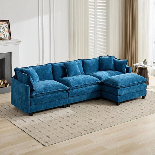 111.5" Blue Modular Sectional Sofa Chenille Deep Seat L-Shape Oversized Living Room Set With Ottoman, Customized
