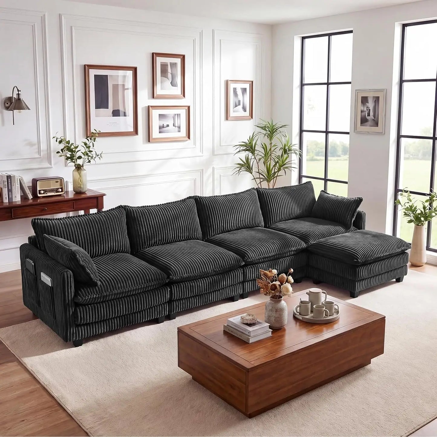 L Shape Modular Sectional Sofa Corduroy Cloud Living Room 3 Seat Ottoman Pillows Dark Grey, Custom