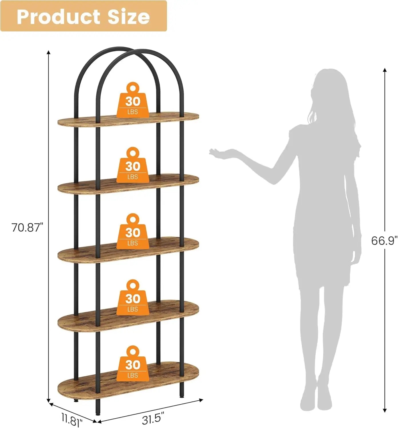 71" Arched Bookshelf 5 Tier Bookcase Open Bookshelf with Metal Frame Plant Stand Freestanding Display Rack Tall Shelving