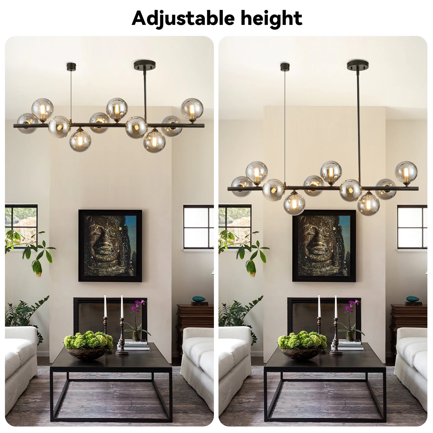 10-Light Matte Black Adjustable Chandelier with Smoked Glass Globe Shades Mid-Century Modern Style Pendant Light for Dining Room