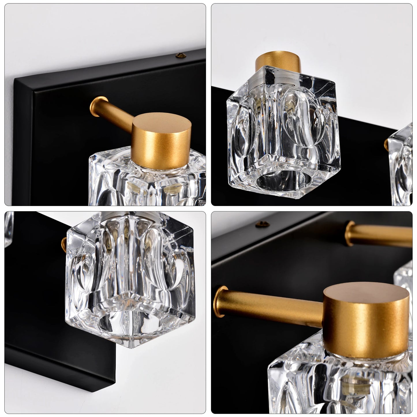 4-Light Matte Black + Gold Bathroom Light Fixtures, Modern Vanity Lights with Crystal Glass Shade, Vintage Light Fixture Bathroo